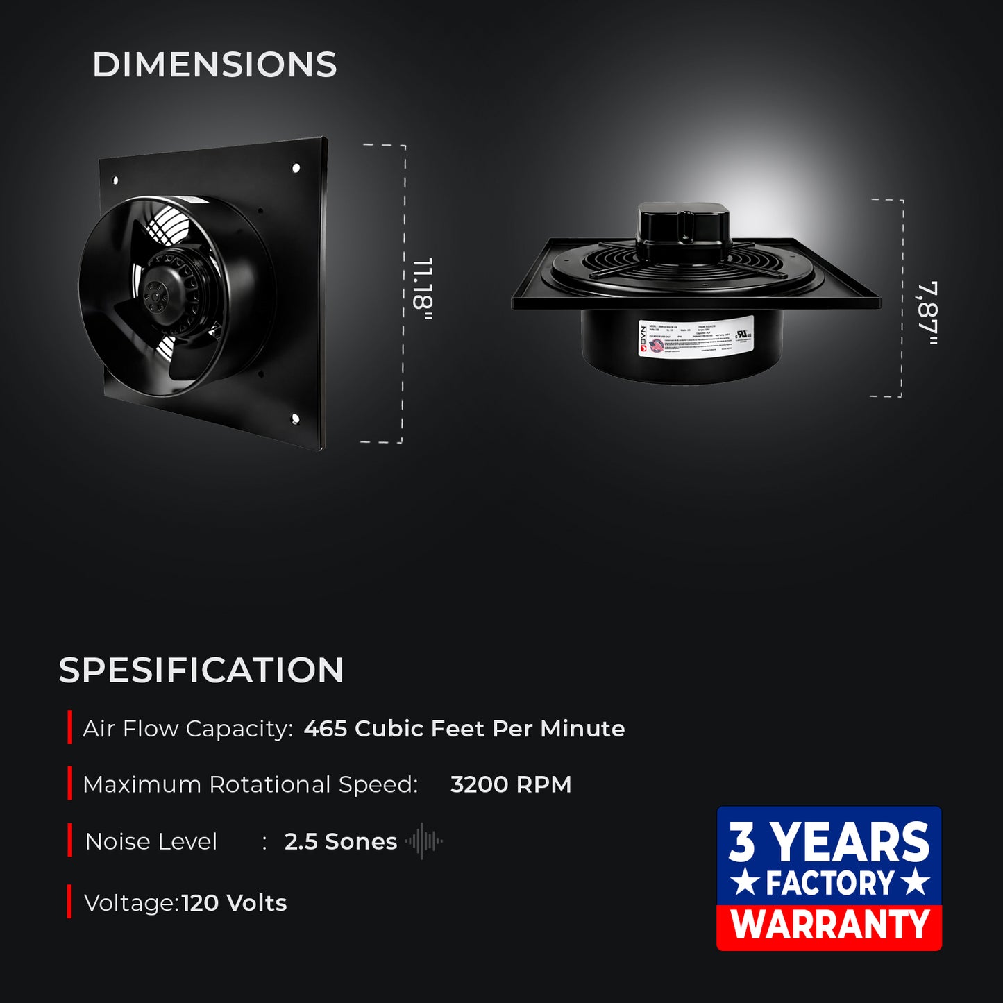 BDRAX-K 200 – Metal Storm 8" Wall Mounted Axial Fan, 647 CFM, All-Metal Construction, UL-Certified AC Motor,120V-60 Hz, F Class, IP 44 Protection, Ball Bearing, Thermally Protected, 3.94 FEI