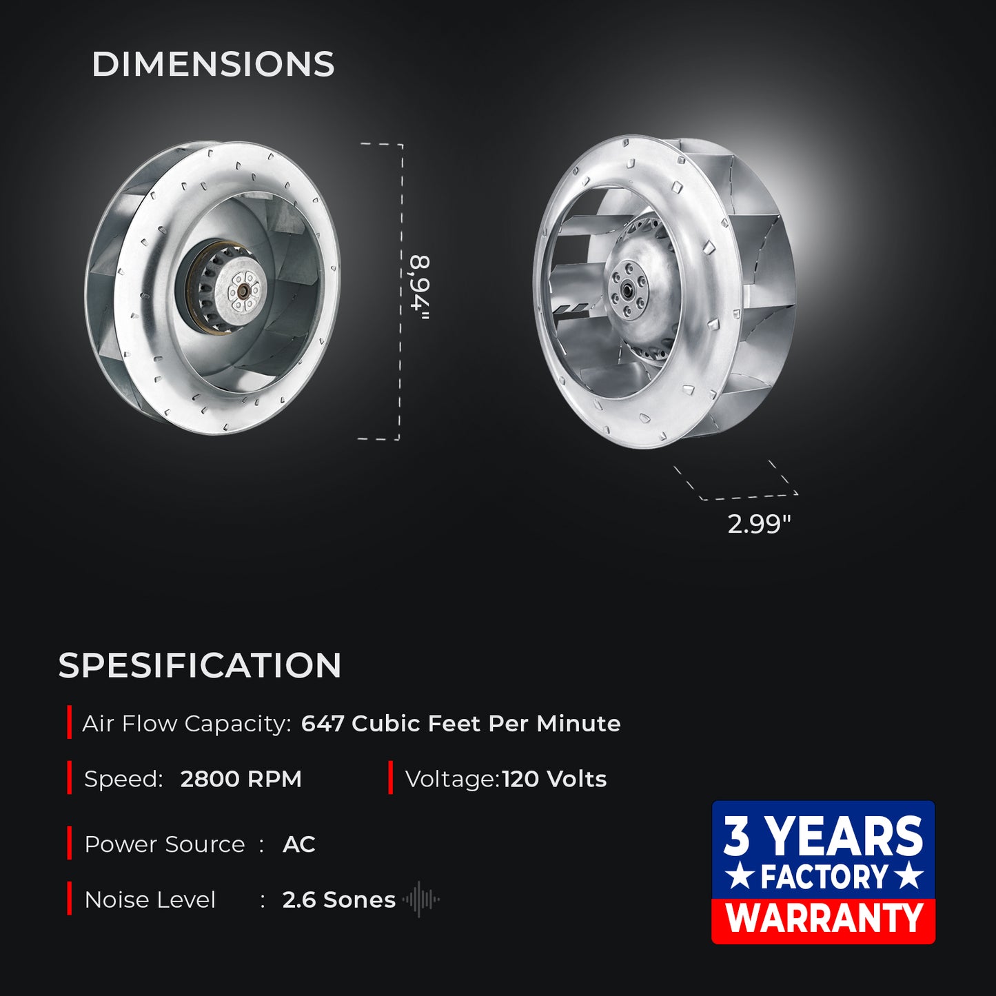 BDRKF 225 – 8.9" Backward Curved Centrifugal Motorized Impeller, 647 CFM, ALL-METAL Construction, UL-Certified AC Motor,120V-60 Hz, F Class, IP 44 Protection, Ball Bearing, Thermally Protected,1.9 FEI