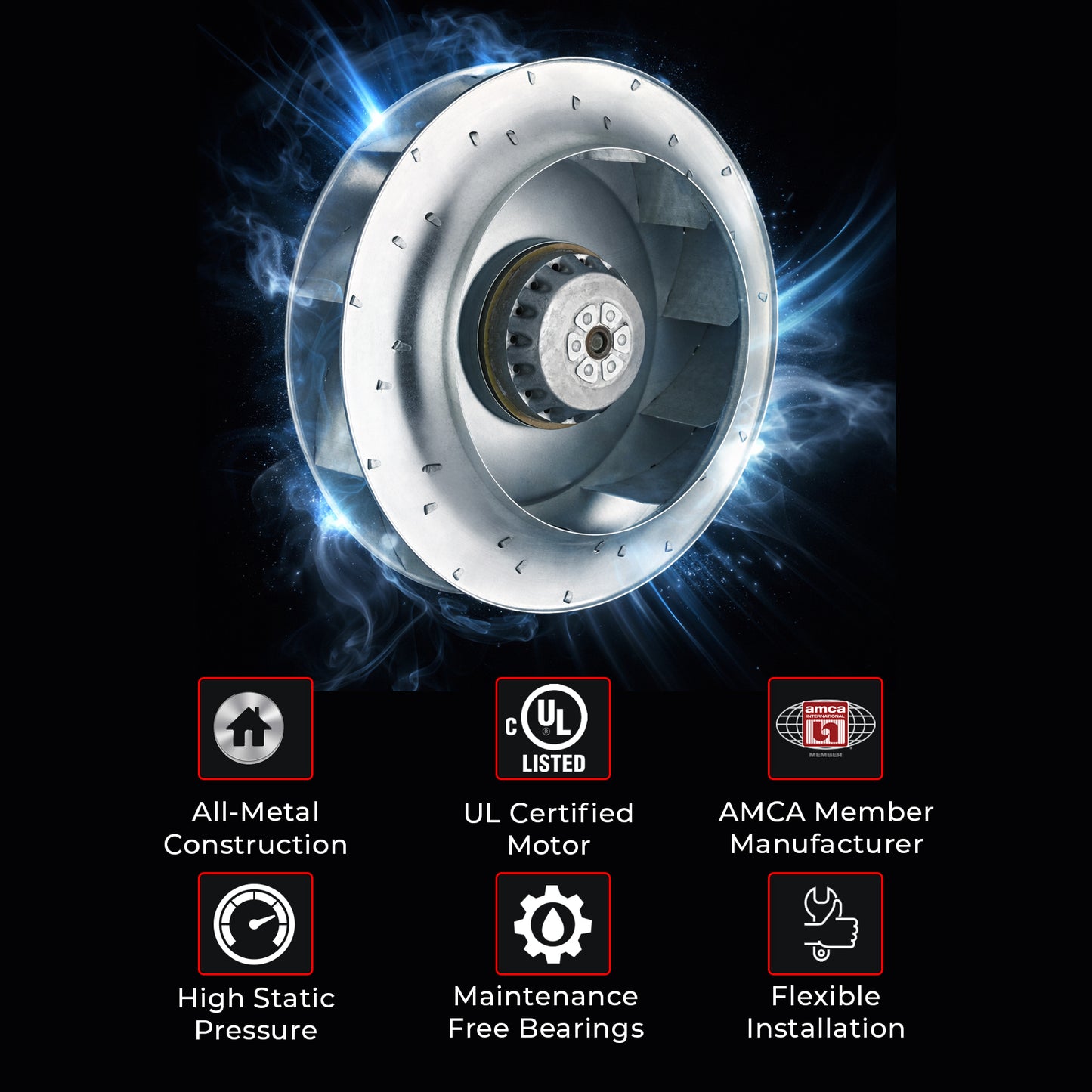 BDRKF 225 – 8.9" Backward Curved Centrifugal Motorized Impeller, 647 CFM, ALL-METAL Construction, UL-Certified AC Motor,120V-60 Hz, F Class, IP 44 Protection, Ball Bearing, Thermally Protected,1.9 FEI