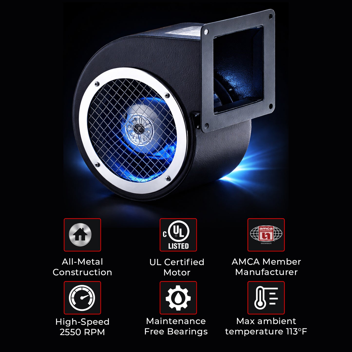 BDRS 120-60 – Metal Single Inlet Centrifugal Blower Fan, 182 CFM, ALL-METAL Housing, 120V-60 Hz AC Motor, F Class Insulation, IP44 Protection, Ball Bearing, Thermally Protected, 1.17 FEI
