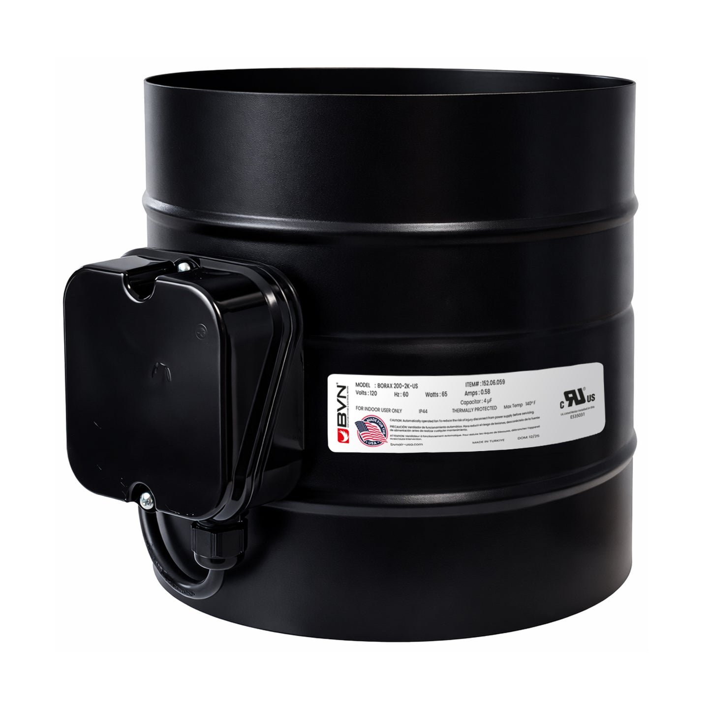 BORAX 200-Metal Storm 8" Inline Axial Duct Booster Exhaust Fan, 456 CFM High Airflow, ALL-METAL construction for Maximum Strength, UL-Certified AC Motor, 120V, Power Cord, for Grow Tents & Hydroponics