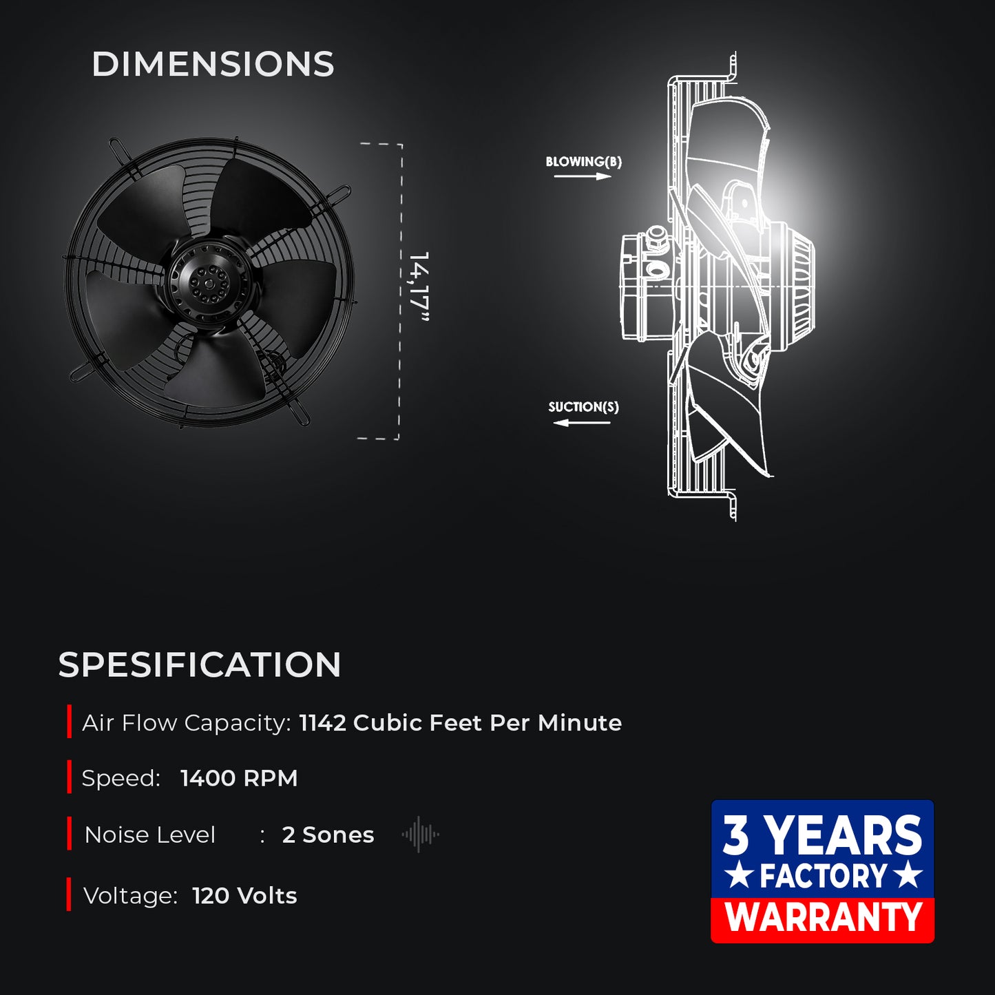 SF 4M 300 BD –12" Axial Cooling Fan, 1142 CFM, All-Metal Construction, 120V-60 Hz AC Motor, F Class Insulation, IP54 Protection, Ball Bearing, Thermally Protected, 2.1 FEI