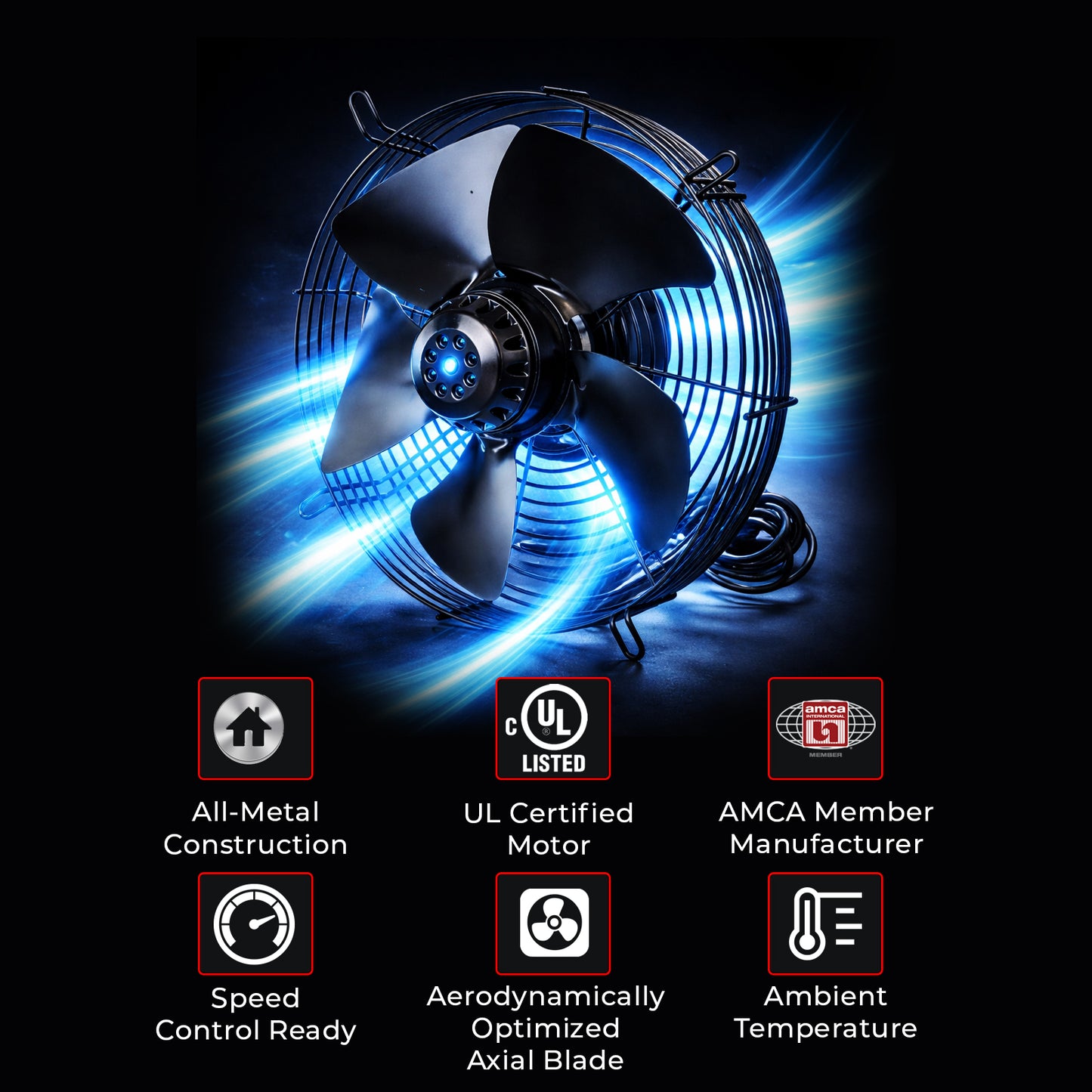 SF 4M 300 BD –12" Axial Cooling Fan, 1142 CFM, All-Metal Construction, 120V-60 Hz AC Motor, F Class Insulation, IP54 Protection, Ball Bearing, Thermally Protected, 2.1 FEI